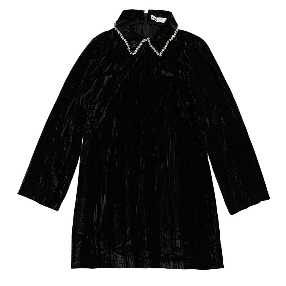 ZARA Black Crushed Velvet Rhinestone Diamante Collar Mini Dress Long Sleeve Smal